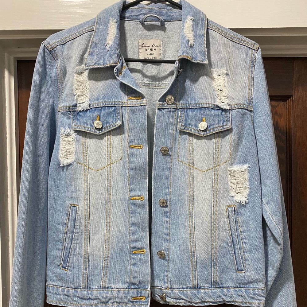Love Tree Distressed Light Wash Denim Jacket